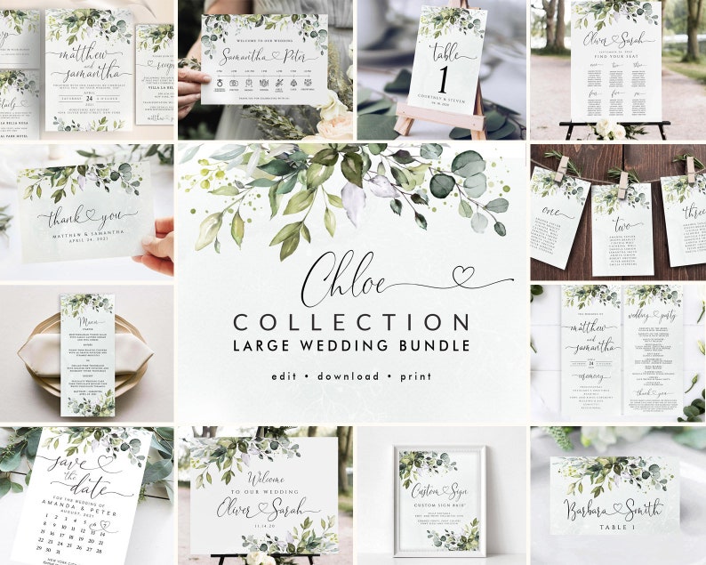CHLOE Collection Eucalyptus Wedding Template Kit, Greenery Wedding Stationery Bundle, Wedding Invitation Set, Invitation Template Set image 1