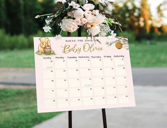 Winnie The Pooh Baby Shower Game: Pink Due Date Calendar (Editable PDF)