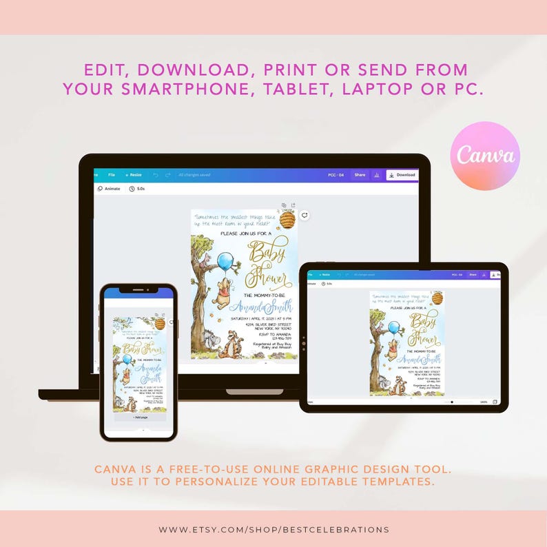 May include: A digital design template for a baby shower invitation featuring Winnie the Pooh and Piglet characters. The invitation is blue and yellow with the text "Baby Shower" and "Please join us for a Baby Shower".