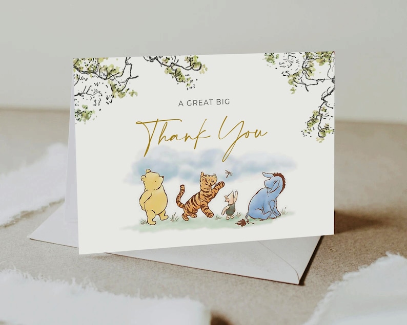 Classic Winnie The Pooh Thank You Card, Tent and Flat Thank You, Winnie Pooh Birthday, Classic Pooh Baby Shower Thank You, Templett, CWG image 3