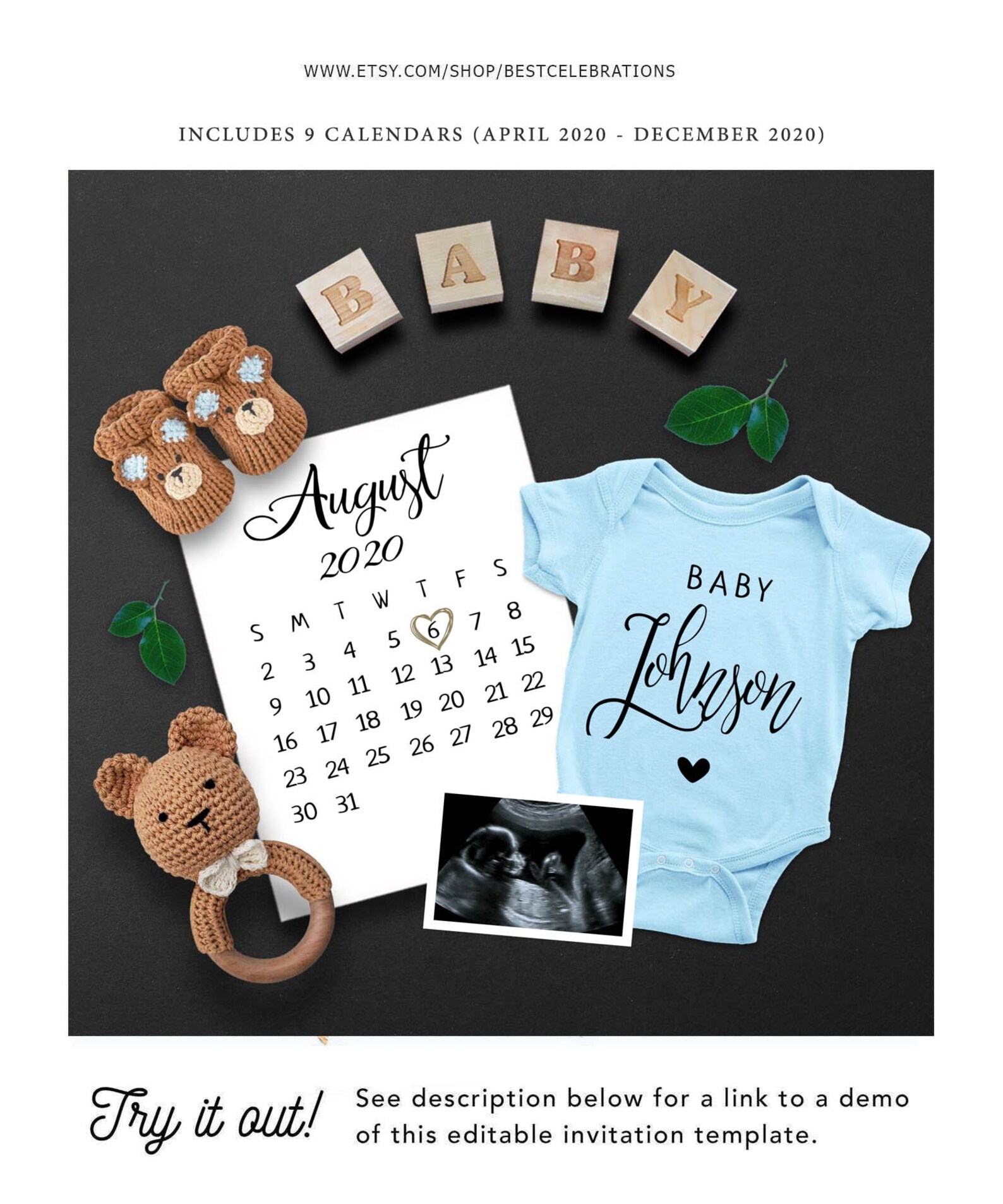 Baby Announcement Due Date Calendar Any Month Digital Etsy