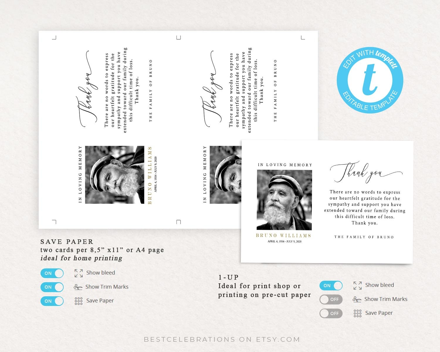 Funeral Thank You Card Template: Black and White (INSTANT DOWNLOAD ...