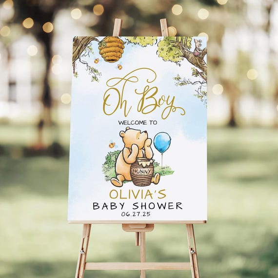Winnie The Pooh Baby Shower Welcome Sign, Blue Balloon Oh Boy, Editable Canva Template