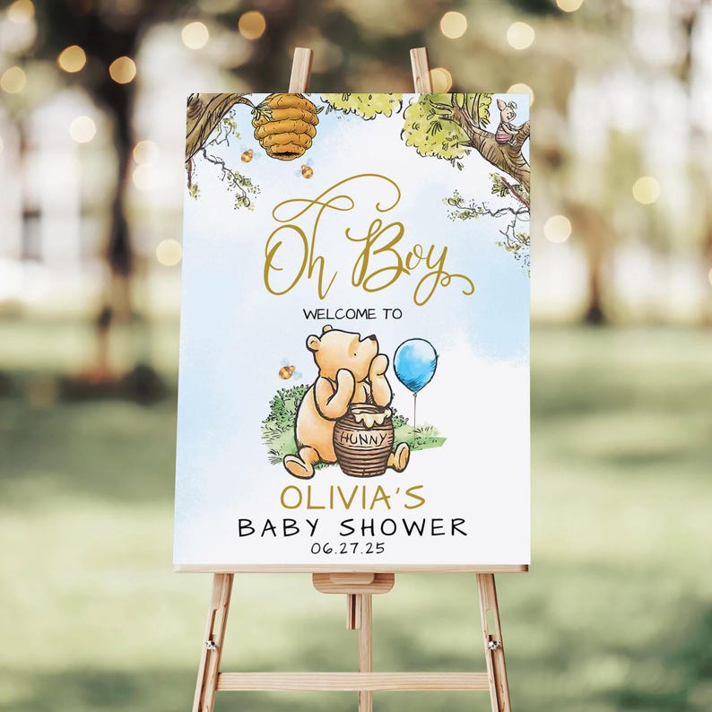Winnie The Pooh Baby Shower Welcome Sign, Blue Balloon Oh Boy, Editable Canva Template