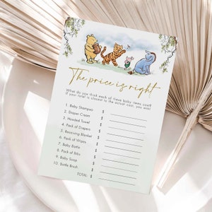 May include: A Winnie the Pooh themed baby shower game called "The Price is Right". The game asks players to guess the price of various baby items, such as baby shampoo, diaper cream, hooded towel, pack of diapers, receiving blanket, pack of wipes, baby bottle, pack of bibs, baby soap, and bottle brush.