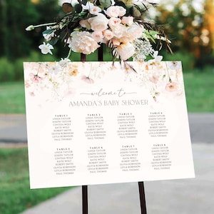 May include: A baby shower welcome sign with a floral design, featuring pink and white flowers. The sign reads "welcome to AMANDA'S BABY SHOWER" and includes a seating plan with guest names.