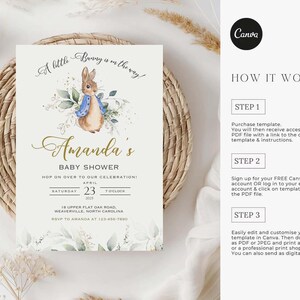 Peut inclure: Une invitation &agrave; une f&ecirc;te pr&eacute;natale avec une illustration aquarelle d'un lapin portant un n&oelig;ud papillon bleu. L'invitation est pour la f&ecirc;te pr&eacute;natale d'Amanda le 23 avril &agrave; 19h. L'invitation comprend l'adresse et les informations de RSVP.