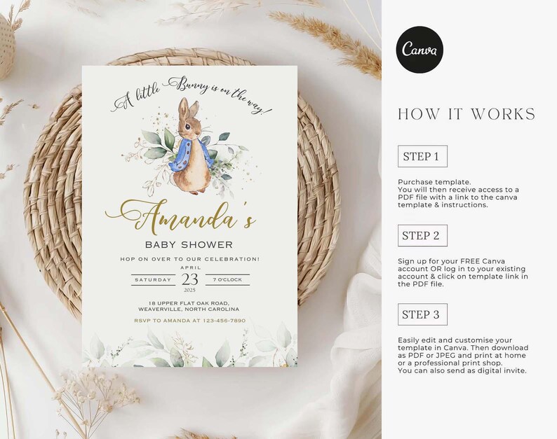 Peut inclure: Une invitation &agrave; une f&ecirc;te pr&eacute;natale avec une illustration aquarelle d'un lapin portant un n&oelig;ud papillon bleu. L'invitation est pour la f&ecirc;te pr&eacute;natale d'Amanda le 23 avril &agrave; 19h. L'invitation comprend l'adresse et les informations de RSVP.
