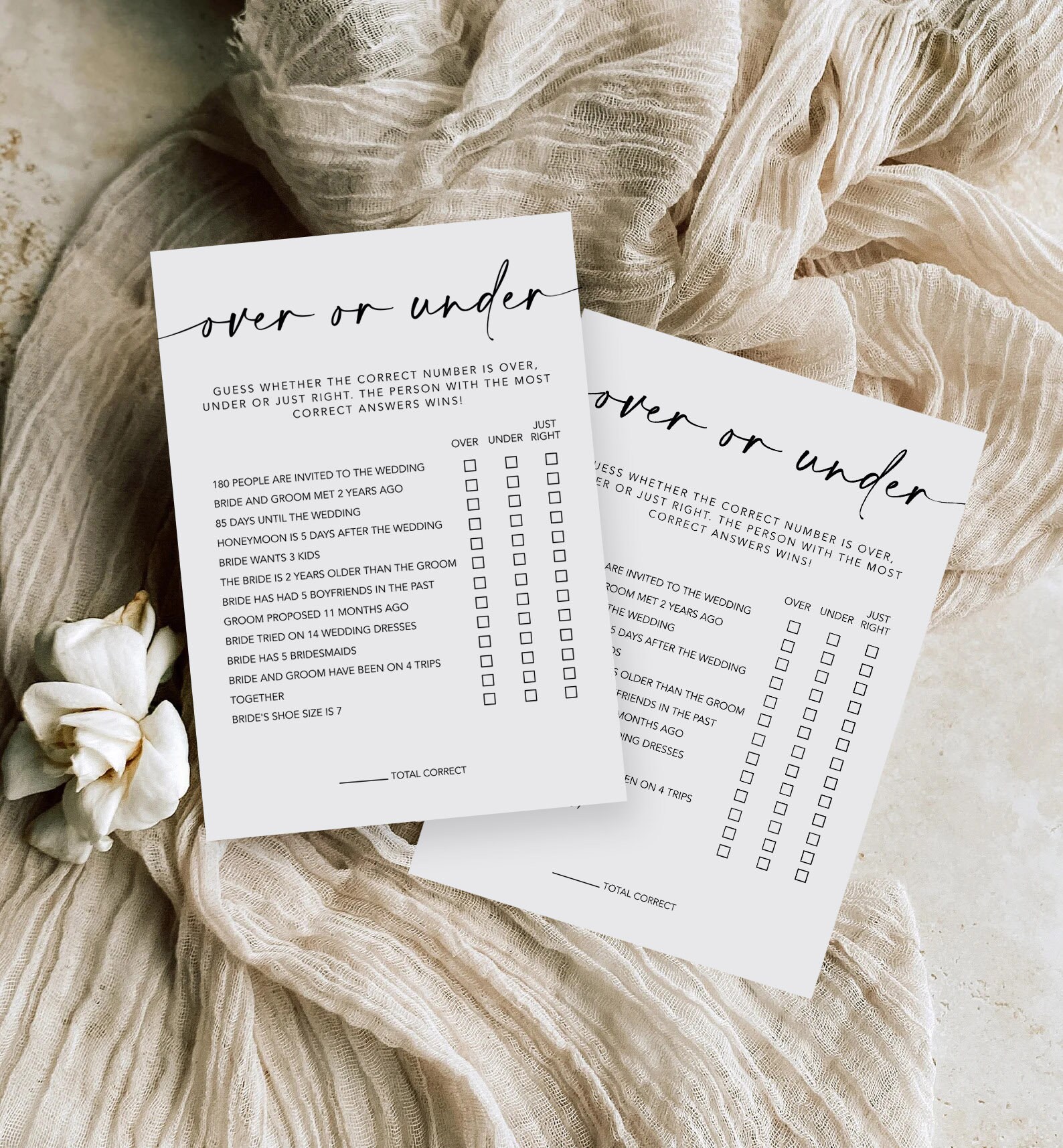 Printable Over Under Bridal Shower Game