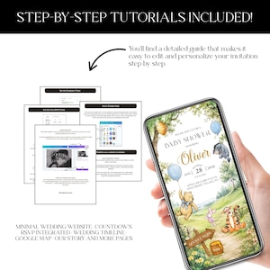 May include: A smartphone displays a baby shower invitation with Winnie the Pooh characters. The screen shows the name "Oliver" and the date August 28, 2026. Text at the top reads "Step-by-Step Tutorials Included!"