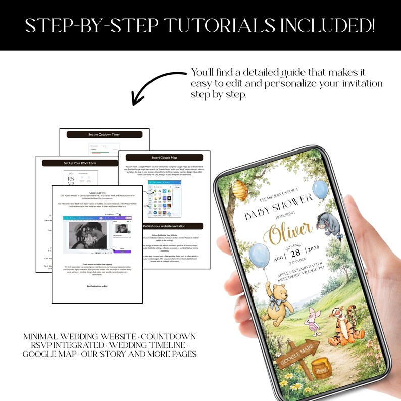 May include: A smartphone displays a baby shower invitation with Winnie the Pooh characters. The screen shows the name "Oliver" and the date August 28, 2026. Text at the top reads "Step-by-Step Tutorials Included!"