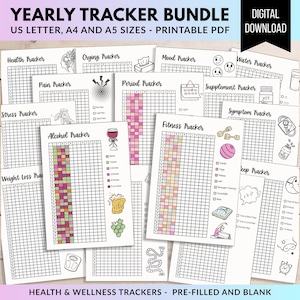 Puede incluir: Un conjunto de rastreadores de salud y bienestar imprimibles, que incluyen rastreadores de estado de ánimo, fitness y alcohol. El paquete incluye tamaños A4 y A5. El texto de la imagen dice "YEARLY TRACKER BUNDLE" y "DIGITAL DOWNLOAD".