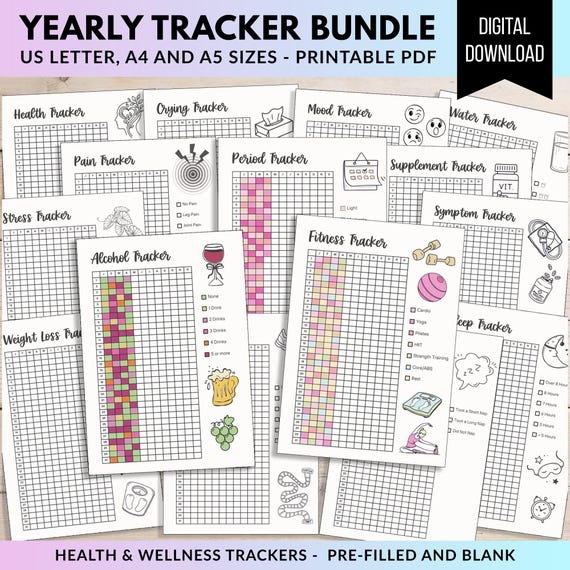 Yearly Trackers Bundle, PRINTABLE Journal Pages, Digital Planner Pages, Bujo Planner Year in a Pixel Tracker A4 A5 Letter Size Printables