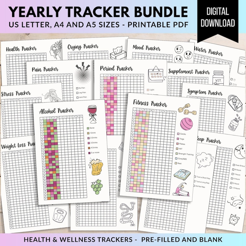 Yearly Trackers Bundle, PRINTABLE Journal Pages, Digital Planner Pages ...