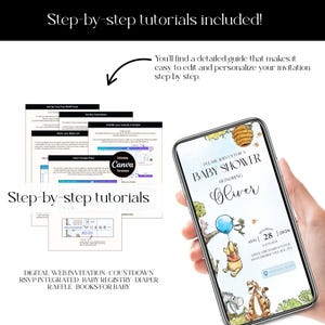 May include: A smartphone displays a baby shower invitation featuring Winnie the Pooh characters. The invitation includes the text "Please join us for a baby shower honoring Oliver." Additional text includes "Step-by-step tutorials included!" and "Digital web invitation."