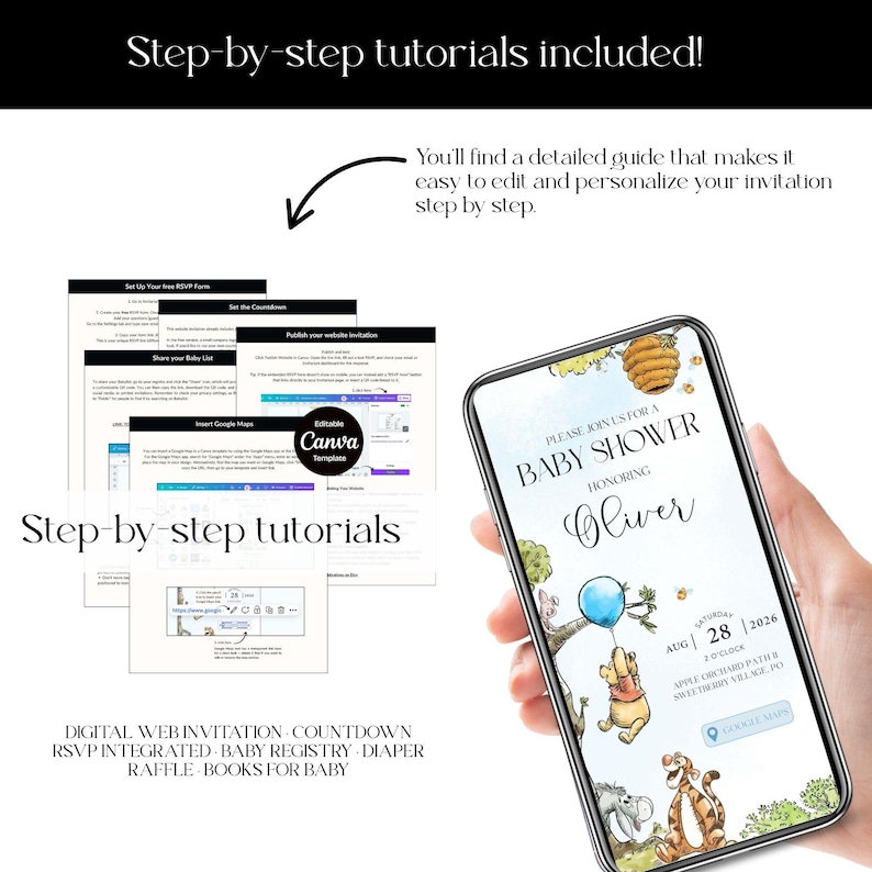 May include: A smartphone displays a baby shower invitation featuring Winnie the Pooh characters. The invitation includes the text "Please join us for a baby shower honoring Oliver." Additional text includes "Step-by-step tutorials included!" and "Digital web invitation."