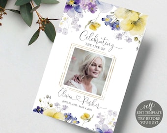 May include: A printable memorial card template featuring a watercolor floral design with purple and yellow flowers. The card has a gold frame with a photo placeholder and the text "Celebrating the Life of Olivia Parker June 20, 1942 - May 4, 2021".
