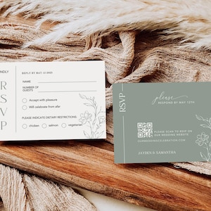 May include: A white RSVP card with a floral design and a green RSVP card with a QR code and the text "Please respond by May 12th". The text "Jayden & Samantha" is at the bottom of the green card.