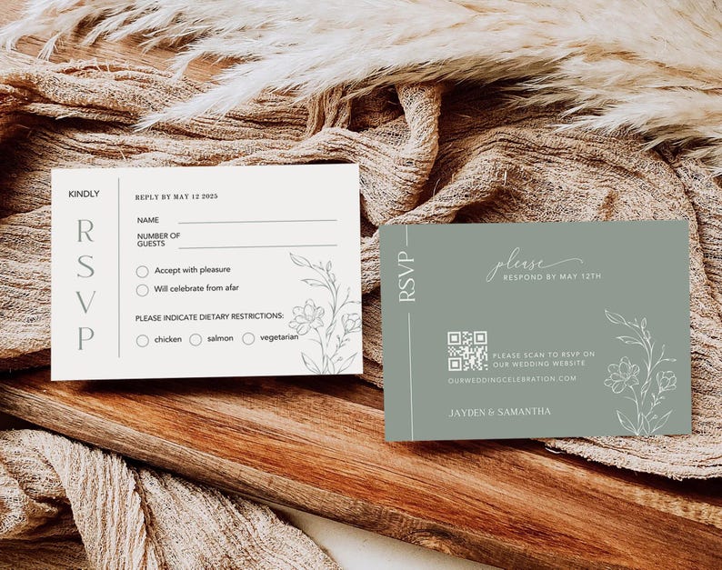 May include: A white RSVP card with a floral design and a green RSVP card with a QR code and the text "Please respond by May 12th". The text "Jayden & Samantha" is at the bottom of the green card.