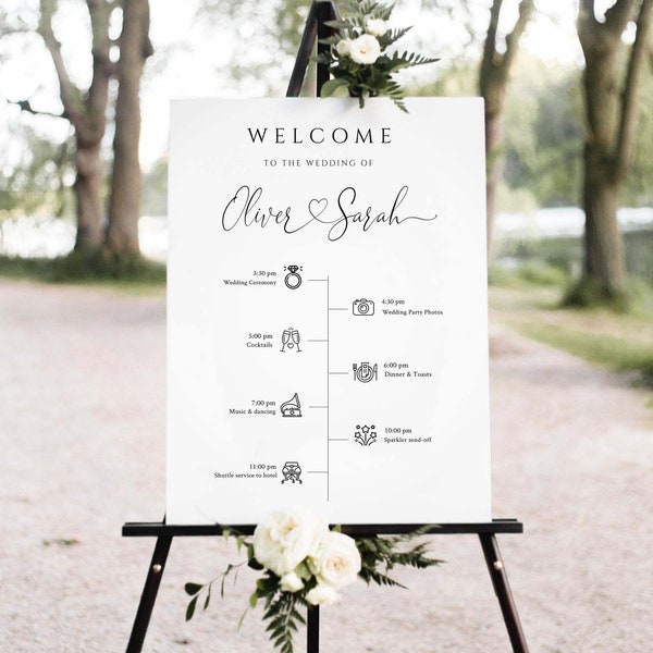 AMORA - Editable Wedding Timeline Sign Template, Wedding Day Schedule Sign Template, Timeline Wedding Day Icons, Templett, Heart Swashes