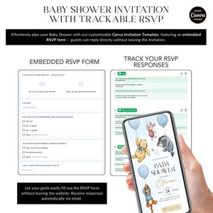 May include: A digital baby shower invitation template with trackable RSVP features. The design includes an embedded RSVP form and a phone displaying a Winnie the Pooh theme. The invitation is customizable using Canva.