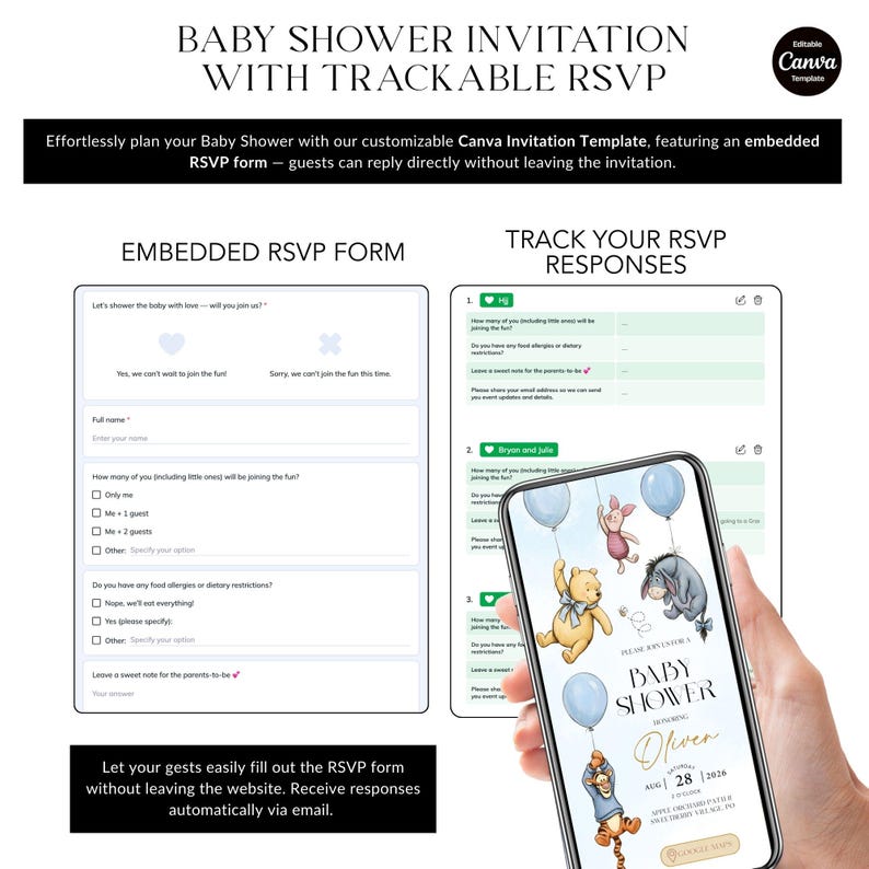 May include: A digital baby shower invitation template with trackable RSVP features. The design includes an embedded RSVP form and a phone displaying a Winnie the Pooh theme. The invitation is customizable using Canva.