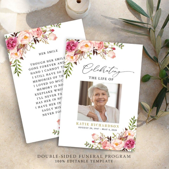 Double sided Funeral Program Template Floral Memorial | Etsy
