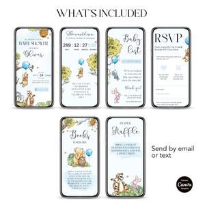 Winnie Baby Shower Boy Invite with Trackable RSVP Page, Winnie the Pooh Balloon Bear Digital Web Invitation, Editable Canva Template