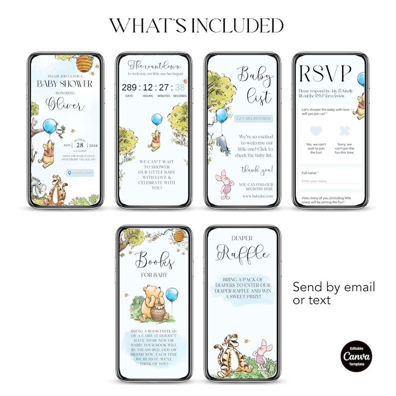 Winnie Baby Shower Boy Invite with Trackable RSVP Page, Winnie the Pooh Balloon Bear Digital Web Invitation, Editable Canva Template