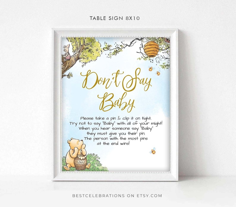 Winnie the Pooh Don't Say Baby Sign, Baby Shower Games, Baby Shower Sign, Instant Download , 8x10 Jpeg and Pdf, You Print, BWP