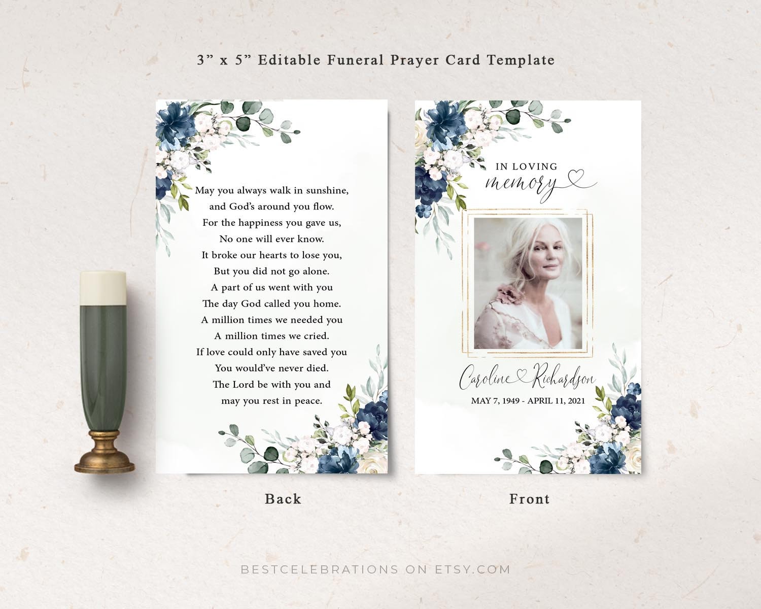 Navy Blue Funeral Prayer Card Template Printable Memorial - Etsy