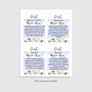 May include: Four printable gift tags with a watercolor floral design. The tags are blue and white with the text "first" in a green font. The text on the tags reads "Night as Mr. and Mrs.", "Valentine's Day", "Honeymoon", and "New Years".