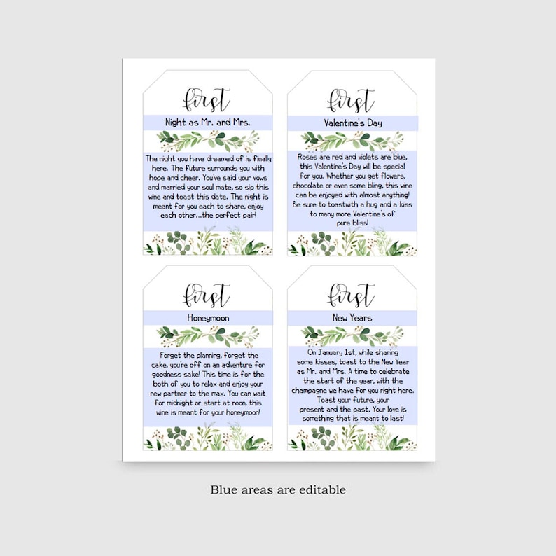 May include: Four printable gift tags with a watercolor floral design. The tags are blue and white with the text "first" in a green font. The text on the tags reads "Night as Mr. and Mrs.", "Valentine's Day", "Honeymoon", and "New Years".