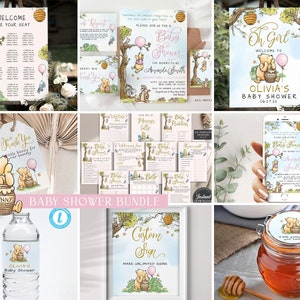Winnie Pooh babyshowerbundel, bewerkbaar sjabloonpakket voor meisje, Evite, luierloterij, aangepast bord, bedankkaartje, zitplaatsentabel en meer, #PWP