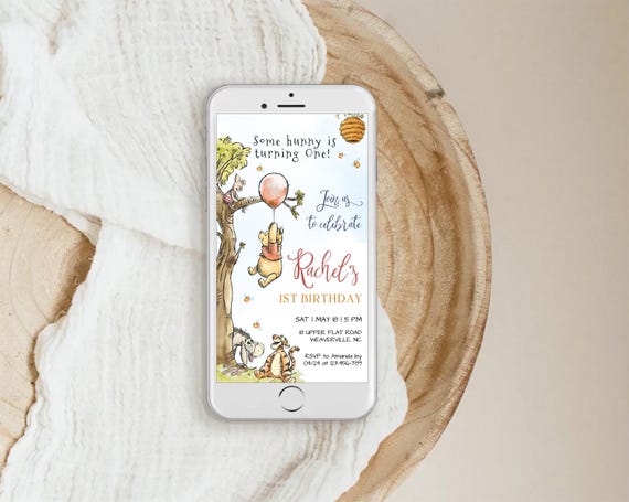 Classic Winnie the Pooh First Birthday Invitation, Gender Neutral Evite Template RWP
