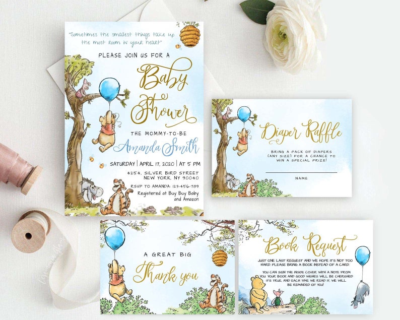 Editable Winnie the Pooh Baby Shower Invitation,  Editable Thank You Card, Diaper Raffle, Book Request,  Editable Templett , #BWTP 