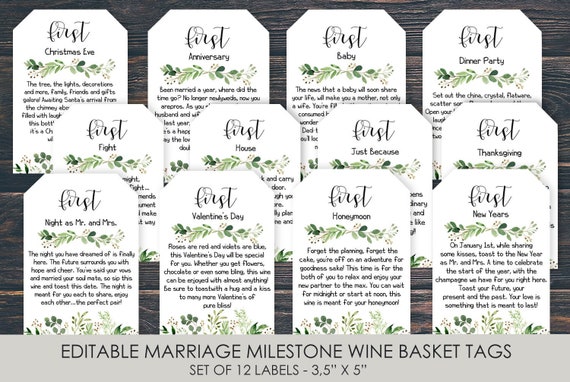 Marriage Milestone Wine Tags: Editable Gift Basket Labels (Digital Download)