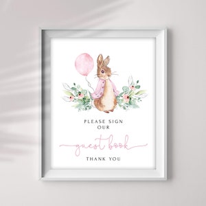 Peter Rabbit Gästebuch Schild, Rosa Peter Rabbit Schild, Party Schild Dekorationen, 8x10 Jpeg und Pdf, Baby Shower #PR