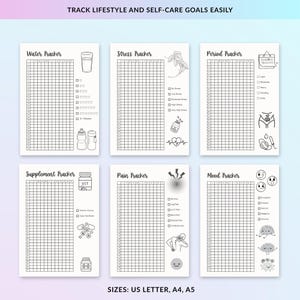 May include: A set of six printable lifestyle and self-care trackers. Each tracker features a grid for daily entries and is labeled for water intake, stress, period, supplements, pain, and mood. The text at the bottom indicates the available sizes: US Letter, A4, and A5.