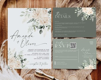 May include: A wedding invitation suite featuring a white main card and two sage green cards with floral illustrations. The text includes names Amanda and Oliver, wedding details, and an RSVP section with a QR code. A gold wax seal stamp is included.
