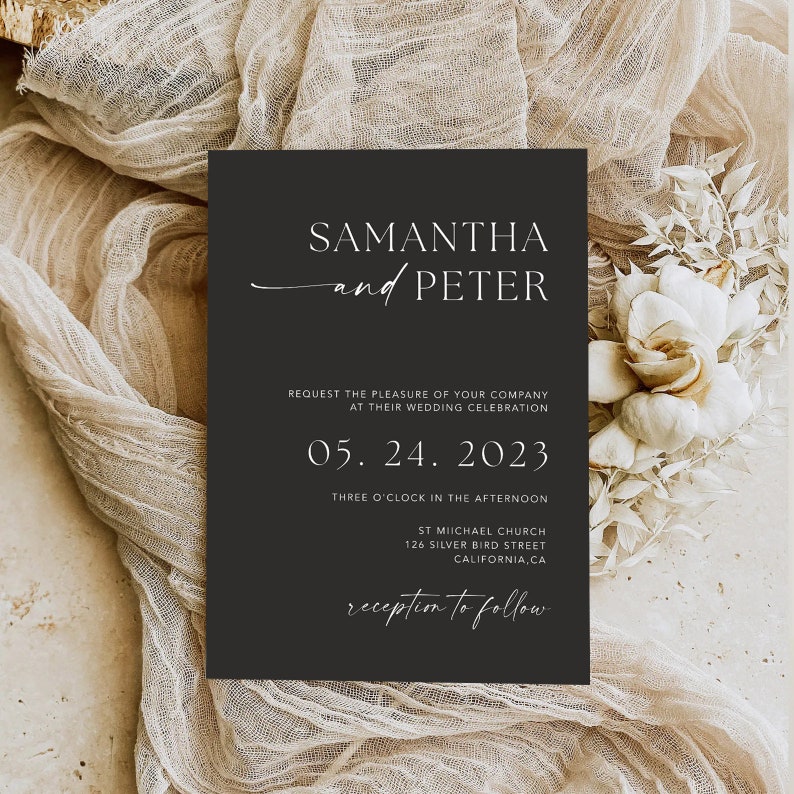 Black Wedding Invitation with QR Code, Minimal Wedding Invite Suite, Modern Invite, Simple Editable Invite Template, MM2 image 2