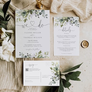 Juego de invitaciones de boda de eucalipto con código QR, postal de respuesta a preguntas frecuentes, paquete de invitaciones de boda We Do Greenery, boda inspirada en la naturaleza digital CHLOE