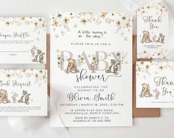 Winnie the Pooh Gender Neutral Baby Shower Invitation Bundle, Editable Canva Template WTPG