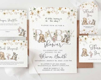 Winnie The Pooh Invitation Bundle, Gender Neutral Baby Shower Template, Editable Winnie Pooh Baby Shower Party, #WTPG