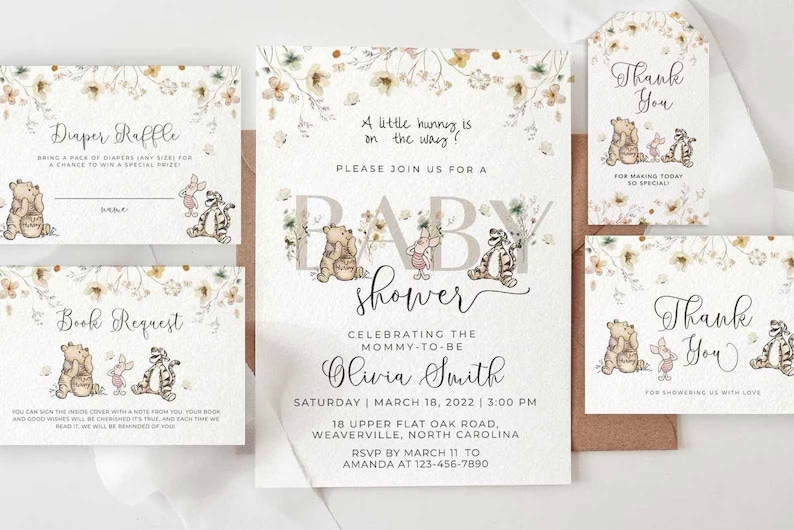 Winnie the Pooh Gender Neutral Baby Shower Invitation Bundle, Editable Canva Template