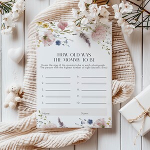 ¿Qué edad tenía la mamá? Juego de baby shower de flores silvestres, baby shower de niñas, plantilla de juego editable, descarga instantánea, Templett, 5x7 PWFL