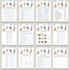 May include: A collection of baby shower game printables featuring Winnie the Pooh characters. Each game sheet has a light blue border and includes games like Baby Bingo, The Price is Right, and Baby Trivia. The sheets are decorated with illustrations of Winnie the Pooh and friends.