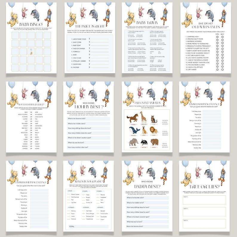May include: A collection of baby shower game printables featuring Winnie the Pooh characters. Each game sheet has a light blue border and includes games like Baby Bingo, The Price is Right, and Baby Trivia. The sheets are decorated with illustrations of Winnie the Pooh and friends.