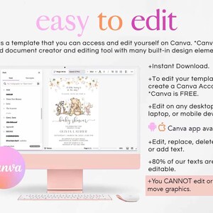 May include: A computer screen displaying a Canva template for a baby shower invitation. The invitation features a Winnie the Pooh theme with illustrations of Winnie the Pooh, Piglet, and Eeyore. The text on the invitation reads "Baby Shower Celebrating the arrival of Olivia Laurier".