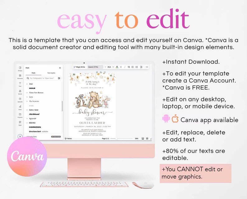 May include: A computer screen displaying a Canva template for a baby shower invitation. The invitation features a Winnie the Pooh theme with illustrations of Winnie the Pooh, Piglet, and Eeyore. The text on the invitation reads "Baby Shower Celebrating the arrival of Olivia Laurier".
